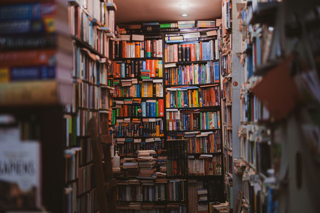 A set of library shelves overflowing with books